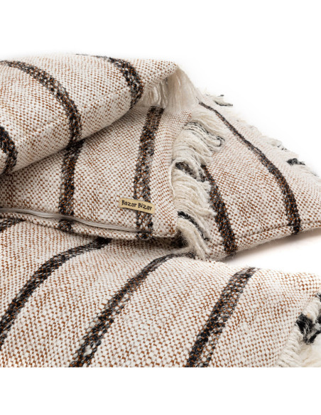 House de coussin XXL originale Rectangulaire 100x35 en Coton Blanc Marron Avec franges The Oh My Gee 