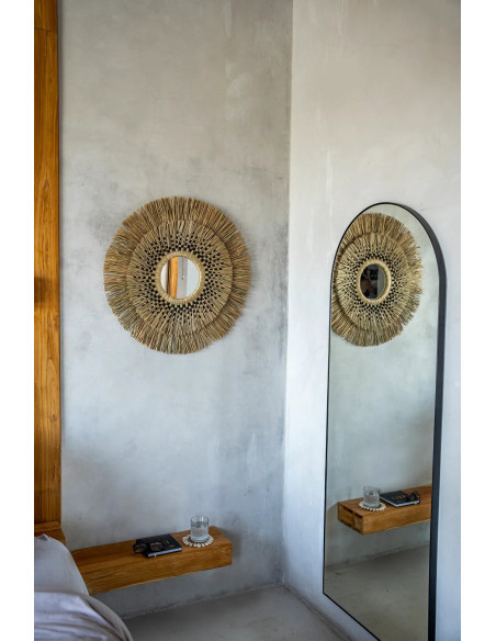 Miroir mural Bohème chic Rond 70x70 en Herbe Naturel Coton Noir The Havana 
