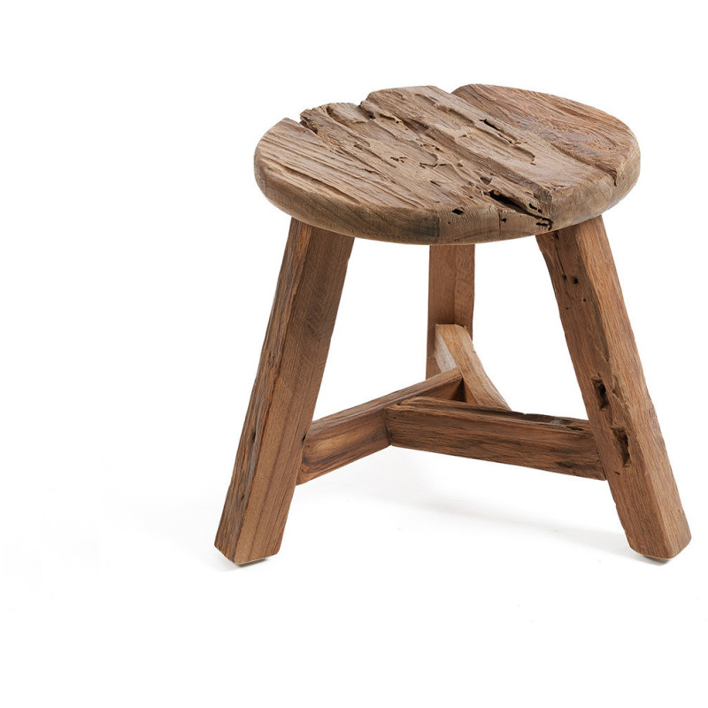 Tabouret rustique Rond Hauteur 33 cm en Bois de teck recyclé Naturel The Yatai 