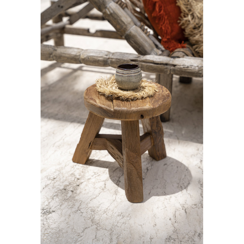 Tabouret rustique Rond Hauteur 33 cm en Bois de teck recyclé Naturel The Yatai 