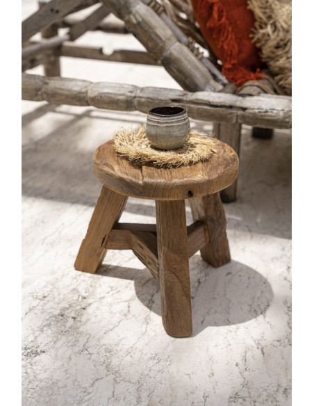 Tabouret rustique Rond Hauteur 33 cm en Bois de teck recyclé Naturel The Yatai 
