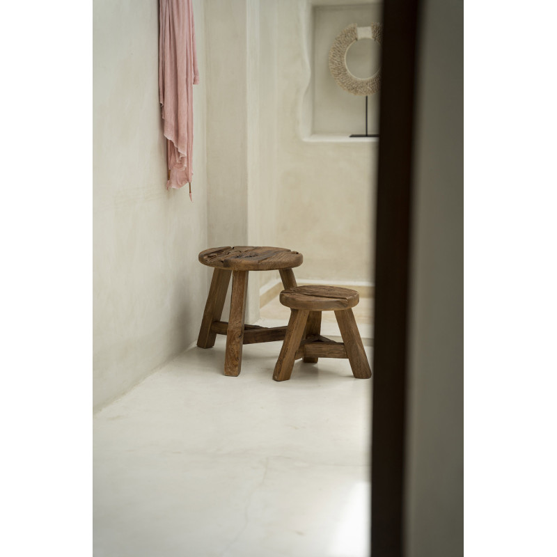 Tabouret rustique Rond Hauteur 33 cm en Bois de teck recyclé Naturel The Yatai 