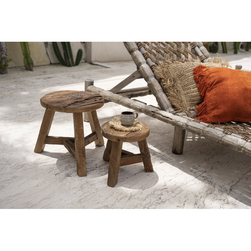 Tabouret rustique Rond Hauteur 33 cm en Bois de teck recyclé Naturel The Yatai 