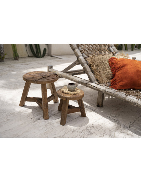 Tabouret rustique Rond Hauteur 33 cm en Bois de teck recyclé Naturel The Yatai 
