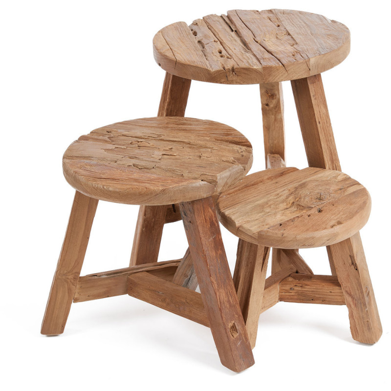 Tabouret rustique Rond Hauteur 33 cm en Bois de teck recyclé Naturel The Yatai 