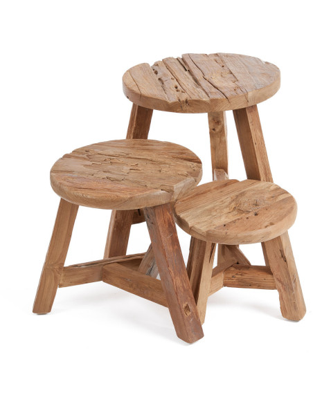 Tabouret rustique Rond Hauteur 33 cm en Bois de teck recyclé Naturel The Yatai 