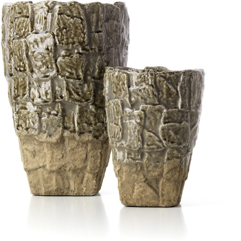 Vase moderne organique texturé Conique H 36 cm Grès Vert Beige pierre The Rock 