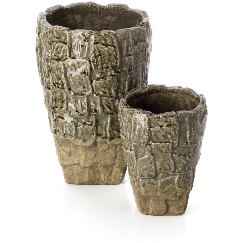 Vase moderne organique texturé Conique H 36 cm Grès Vert Beige pierre The Rock 