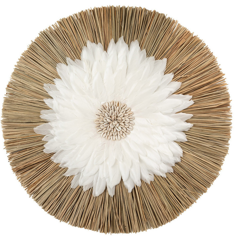Décoration murale originale Jujuhat balinais 55 cm en Herbe Naturel Plume Blanc The Alang 
