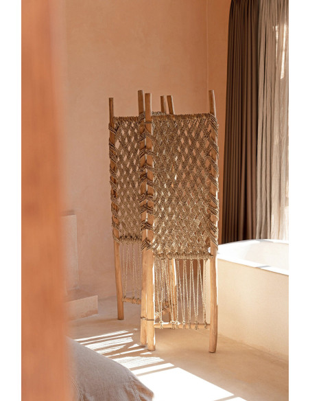 Paravent original Bohème chic 3 panneaux en Bois de teck Herbe de mer Naturel The Room Divider