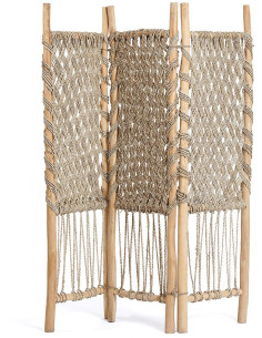 Paravent original Bohème chic 3 panneaux en Bois de teck Herbe de mer Naturel The Room Divider