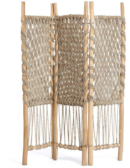Paravent original Bohème chic 3 panneaux en Bois de teck Herbe de mer Naturel The Room Divider