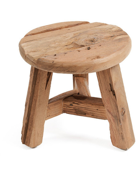 Tabouret rustique Rond Hauteur 24 cm en Bois de teck recyclé Naturel The Yatai 