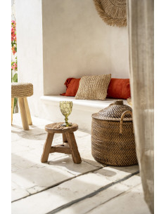 Tabouret rustique Rond Hauteur 24 cm en Bois de teck recyclé Naturel The Yatai 