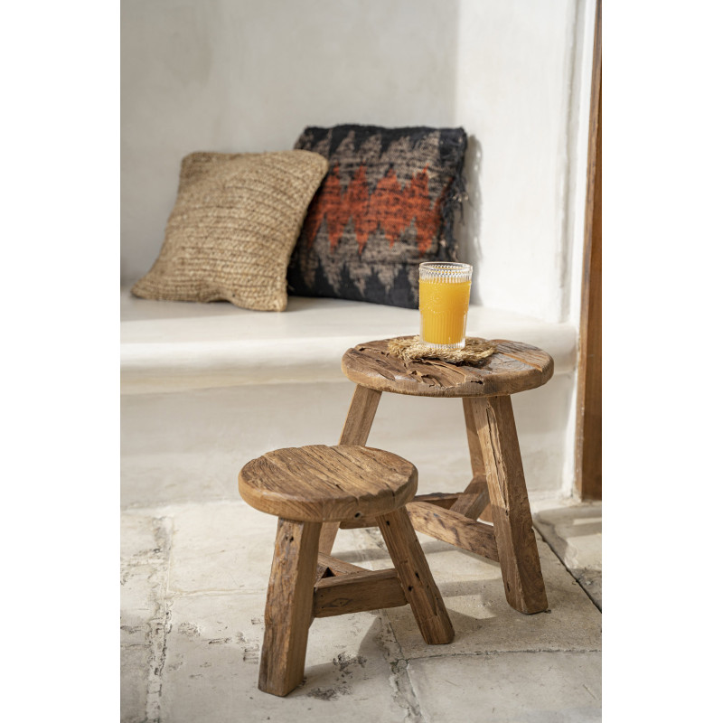 Tabouret rustique Rond Hauteur 24 cm en Bois de teck recyclé Naturel The Yatai 