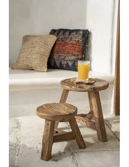 Tabouret rustique Rond Hauteur 24 cm en Bois de teck recyclé Naturel The Yatai 