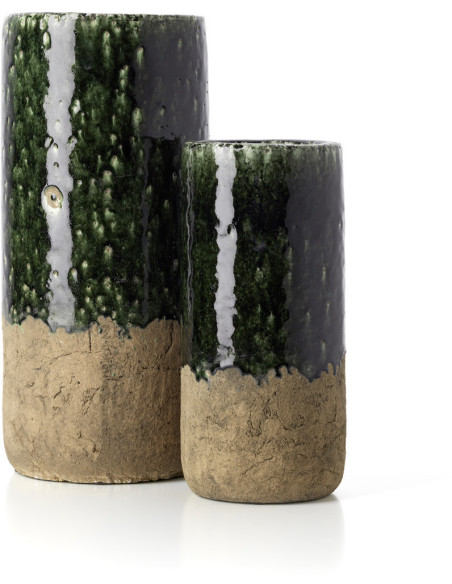 Vase wabi-sabi moderne Cylindrique H 38 cm Grès Vert Beige béton The Moss 