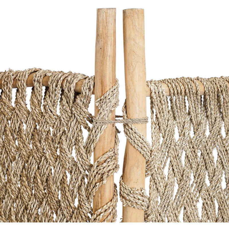 Paravent original Bohème chic 3 panneaux en Bois de teck Herbe de mer Naturel The Room Divider 
