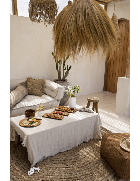 Nappe originale Bohème chic Carrée 150x150 en Lin Beige Avec franges The Linen 