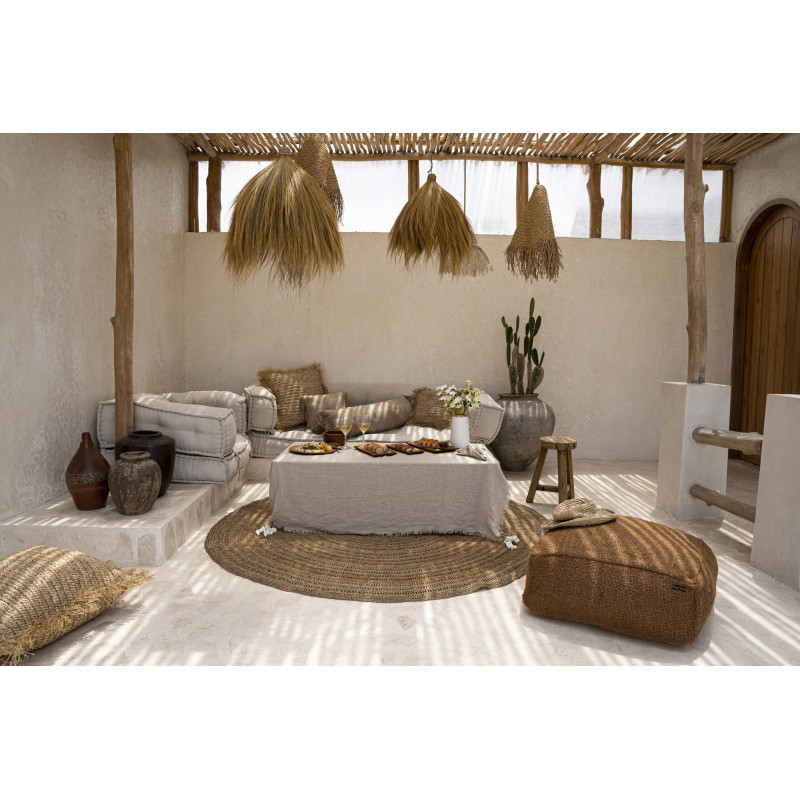 Nappe originale Bohème chic Carrée 150x150 en Lin Beige Avec franges The Linen 