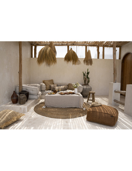 Nappe originale Bohème chic Carrée 150x150 en Lin Beige Avec franges The Linen 