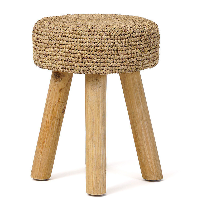 Tabouret Bohème chic Rond en Bois de teck Raphia Naturel The Raphia 