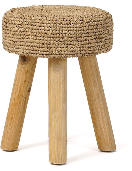 Tabouret Bohème chic Rond en Bois de teck Raphia Naturel The Raphia 