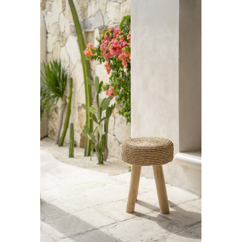Tabouret Bohème chic Rond en Bois de teck Raphia Naturel The Raphia 