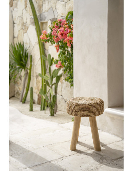 Tabouret Bohème chic Rond en Bois de teck Raphia Naturel The Raphia 
