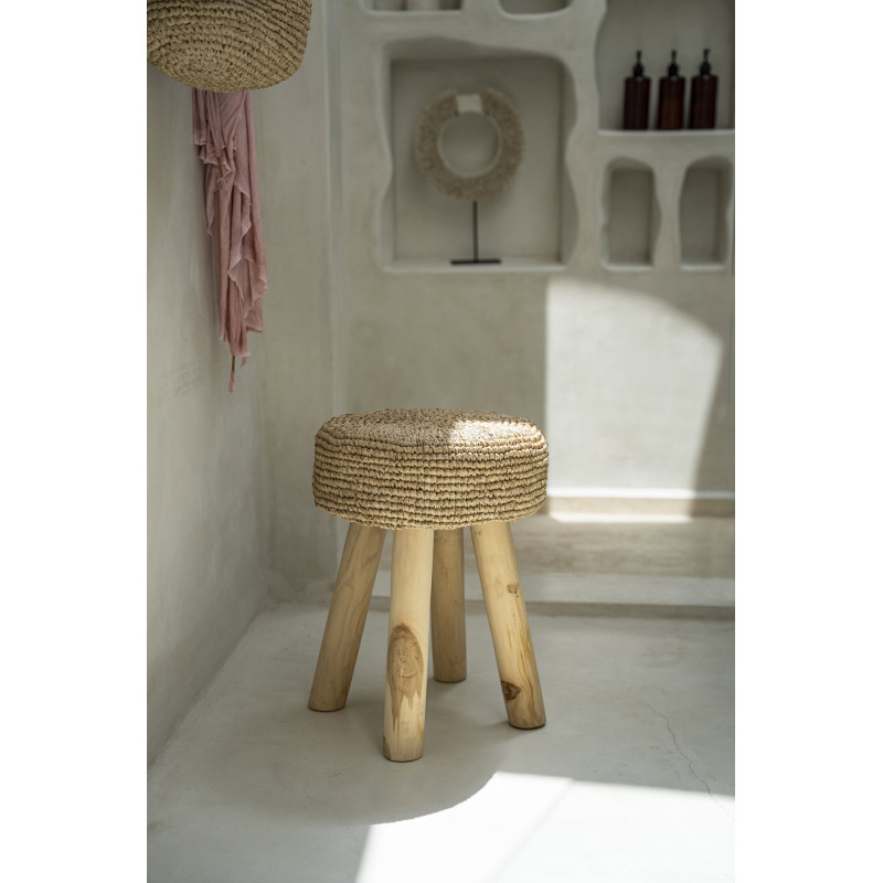 Tabouret Bohème chic Rond en Bois de teck Raphia Naturel The Raphia 