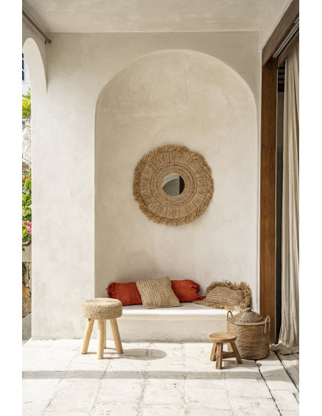 Tabouret Bohème chic Rond en Bois de teck Raphia Naturel The Raphia 