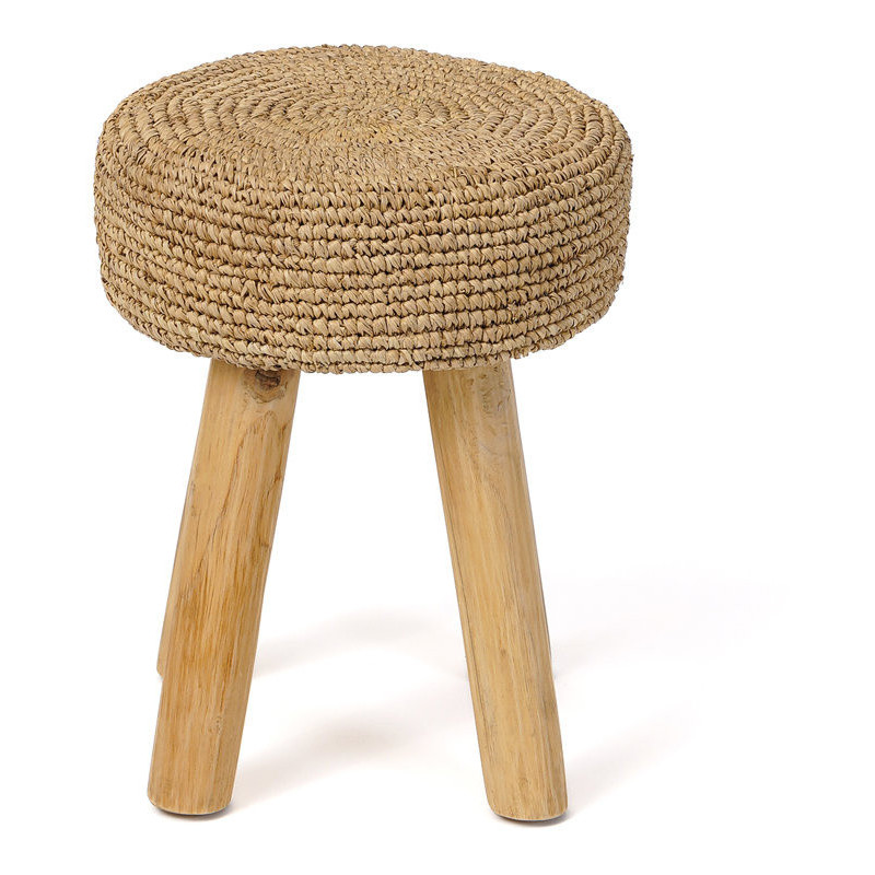 Tabouret Bohème chic Rond en Bois de teck Raphia Naturel The Raphia 
