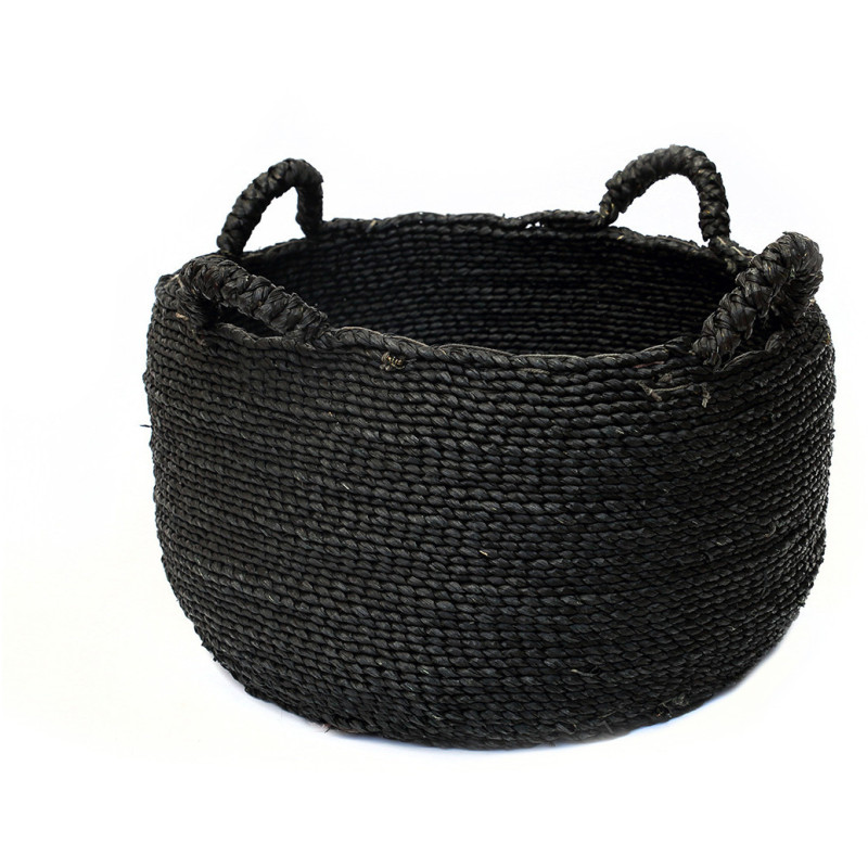 Grand Panier de rangement ethnique chic 4 poignées Rond 52 cm Jonc de mer Noir Tressé The Quatre Mains 