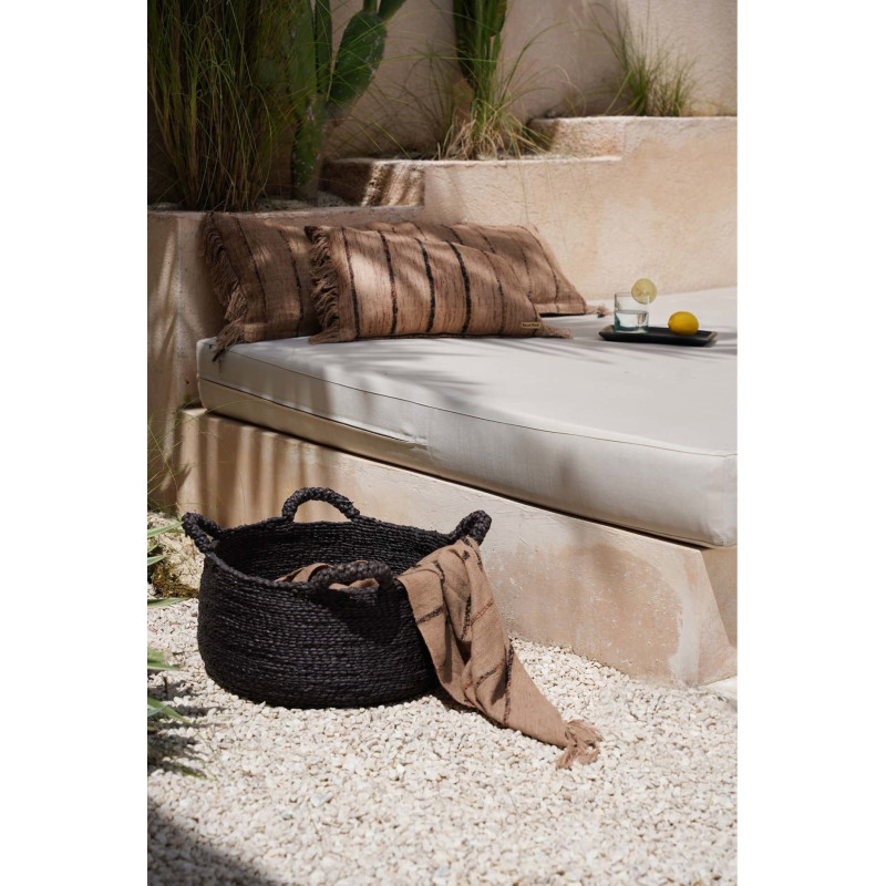 Grand Panier de rangement ethnique chic 4 poignées Rond 52 cm Jonc de mer Noir Tressé The Quatre Mains 
