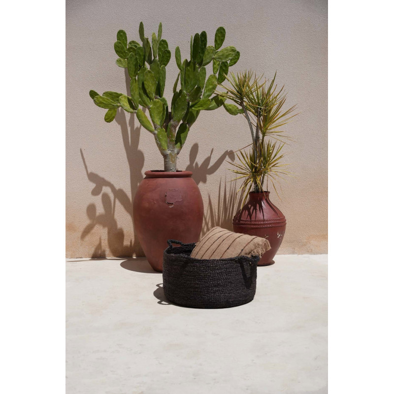 Grand Panier de rangement ethnique chic 4 poignées Rond 52 cm Jonc de mer Noir Tressé The Quatre Mains 