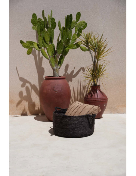 Grand Panier de rangement ethnique chic 4 poignées Rond 52 cm Jonc de mer Noir Tressé The Quatre Mains 