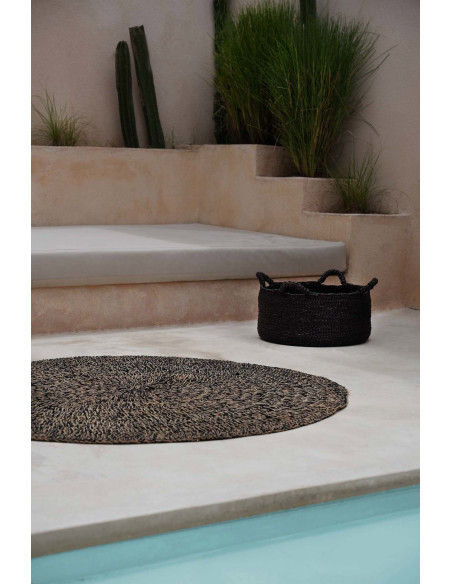 Grand Panier de rangement ethnique chic 4 poignées Rond 52 cm Jonc de mer Noir Tressé The Quatre Mains 