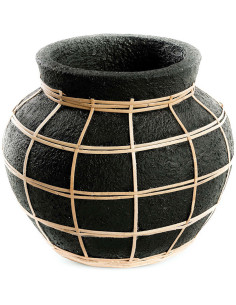 Vase Rond Hauteur 19 cm en Terre cuite Noir Raphia Naturel The Belly 
