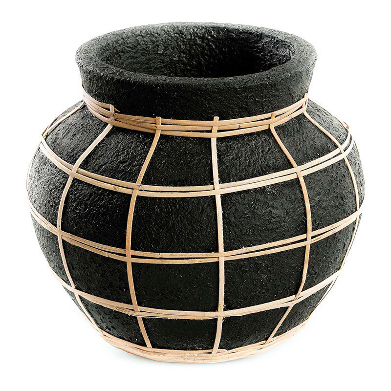 Vase Rond Hauteur 19 cm en Terre cuite Noir Raphia Naturel The Belly 