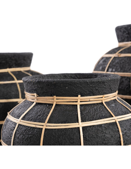 Vase Rond Hauteur 19 cm en Terre cuite Noir Raphia Naturel The Belly 