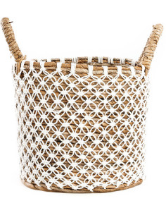 Panier de rangement bohème 2 poignées Rond 29 cm Feuille de bananier Naturel Tressé Coton Blanc The Crossed Stitched Macram 