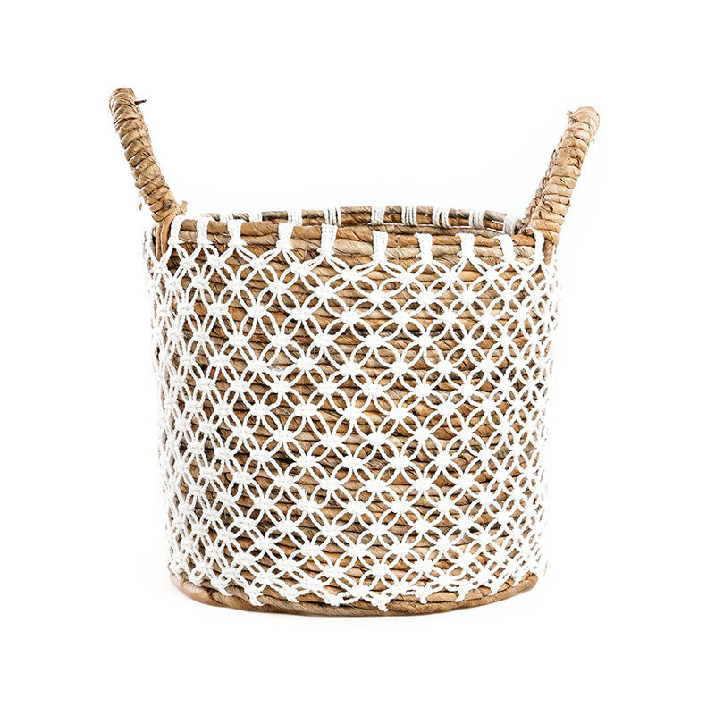 Panier de rangement bohème 2 poignées Rond 29 cm Feuille de bananier Naturel Tressé Coton Blanc The Crossed Stitched Macram 