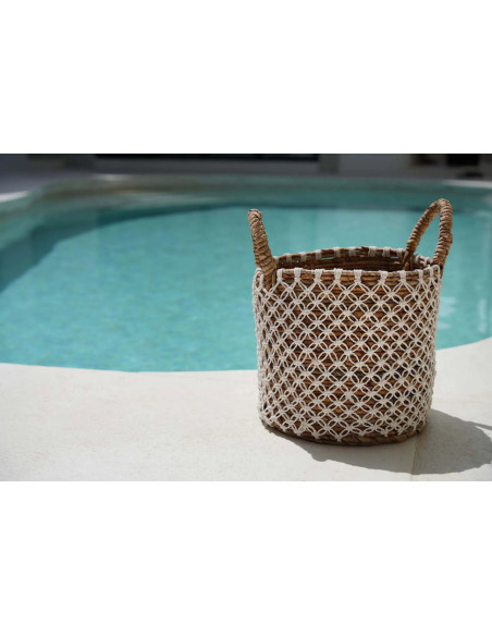 Panier de rangement bohème 2 poignées Rond 29 cm Feuille de bananier Naturel Tressé Coton Blanc The Crossed Stitched Macram 