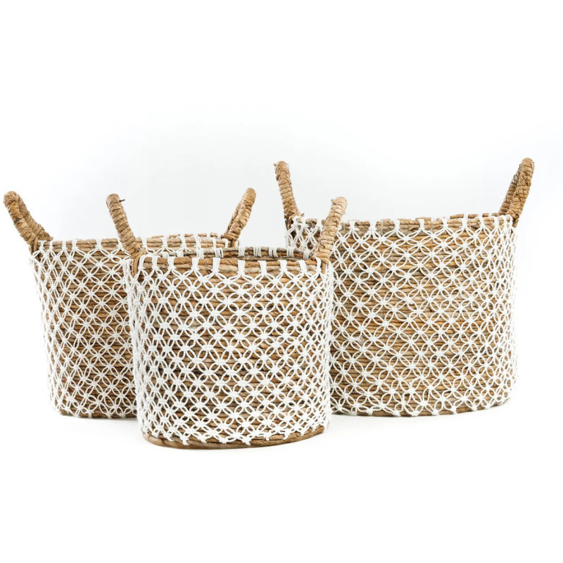 Panier de rangement bohème 2 poignées Rond 29 cm Feuille de bananier Naturel Tressé Coton Blanc The Crossed Stitched Macram 