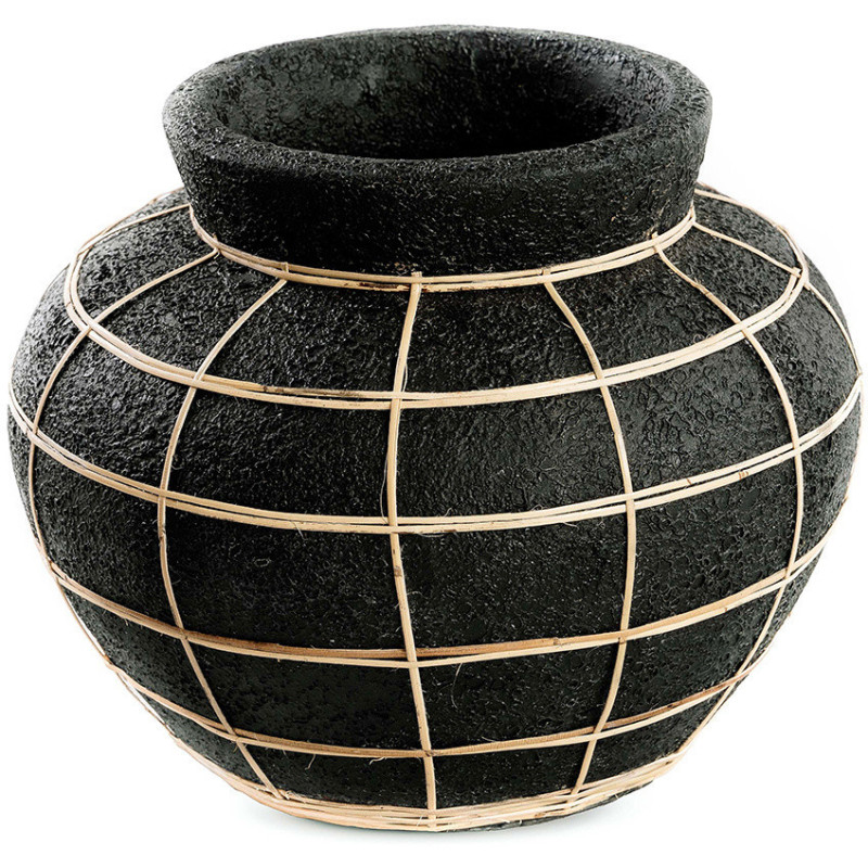 Vase Rond Hauteur 23 cm en Terre cuite Noir Raphia Naturel The Belly 