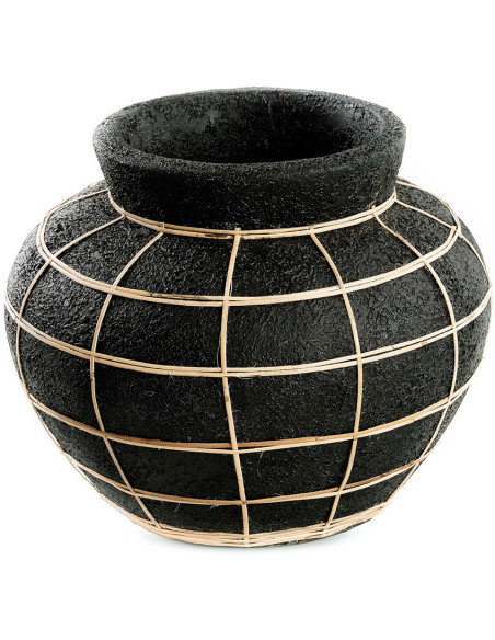 Vase Rond Hauteur 23 cm en Terre cuite Noir Raphia Naturel The Belly 
