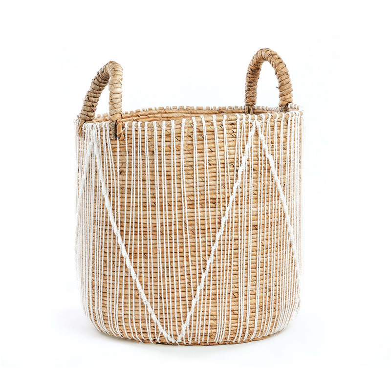 Panier de rangement bohème 2 poignées Rond 35 cm Feuille de bananier Naturel Tressé Coton Blanc The Straight Stitched Macrame 