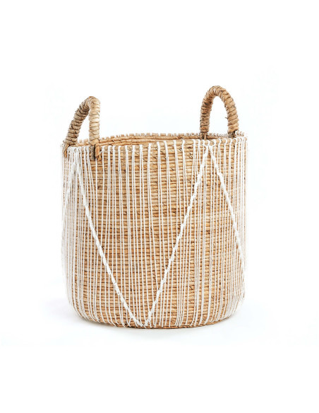 Panier de rangement bohème 2 poignées Rond 35 cm Feuille de bananier Naturel Tressé Coton Blanc The Straight Stitched Macrame 