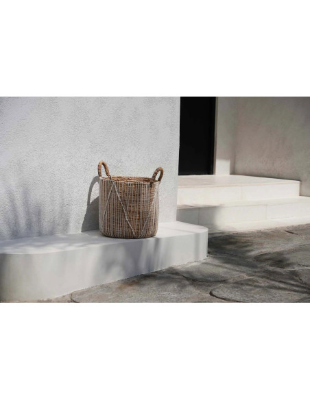 Panier de rangement bohème 2 poignées Rond 35 cm Feuille de bananier Naturel Tressé Coton Blanc The Straight Stitched Macrame 