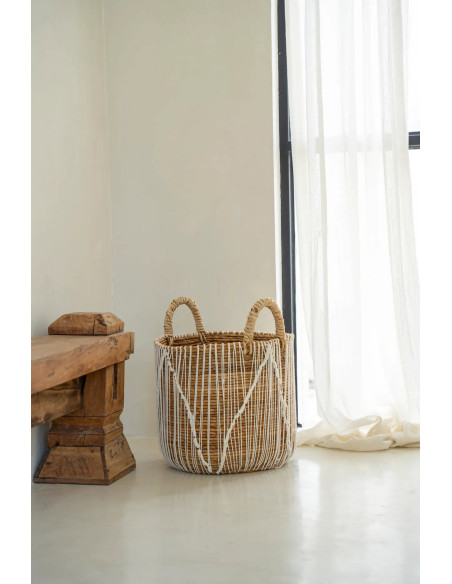 Panier de rangement bohème 2 poignées Rond 35 cm Feuille de bananier Naturel Tressé Coton Blanc The Straight Stitched Macrame 